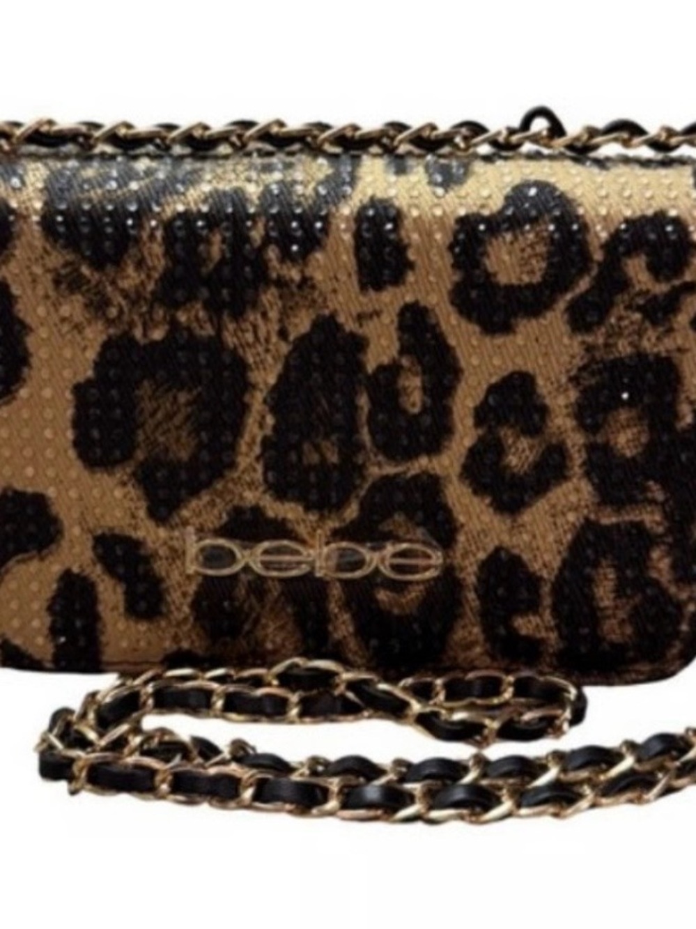 Bebe Leopard Animal Print Sparkle Chain Mini Purse